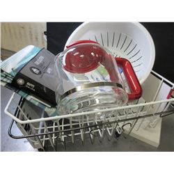 Bundle of New Kitchen Items / 2 Dishracks / coffee pot / tablecloth / strainer