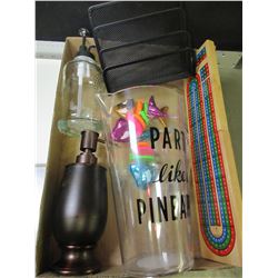 Box Of Home goods / soap dispensors / Crib Board / picher / file holder