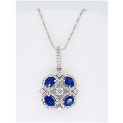 18KT White Gold 1.04ctw Blue Sapphire and Diamond Pendant with Chain