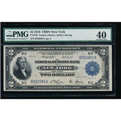 1918 $2 Large New York Federal Reserve Note PMG 40