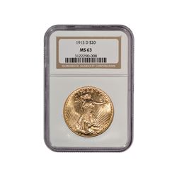 1913-D $20 St Gaudens Double Eagle Gold Coin NGC MS63
