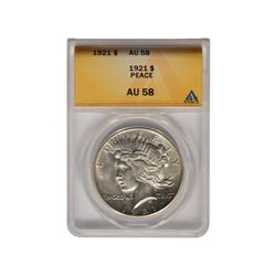 1921 $1 Peace Silver Dollar Coin ANACS AU58