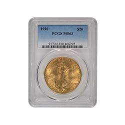 1920 $20 Saint Gaudens Double Eagle Gold Coin PCGS MS63
