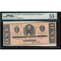 1864 $1 Confederate States of America Note PMG 55EPQ