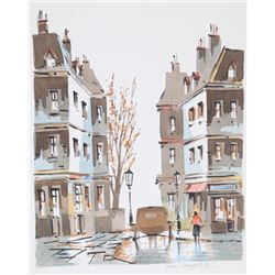 Paul Ducasse, Fall City Street with Car, Watercolor Painting