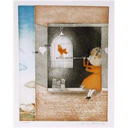 Christine Amarger, Flautist and Red Bird, Aquatint Etching