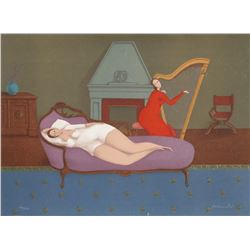 Branko Bahunek, Lounging with Harp, Lithograph
