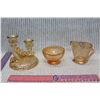 Image 1 : 3 Pieces of Amber Carnival Glass (Candlestick Holder, Cream Pitcher & Sugar Bowl)