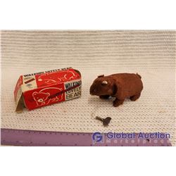 Tin Bear Toy "Walking Lovely Bear" W/ Box And Key