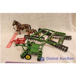 Lot Of Toy Tractor Attachments W/ Toy Horses