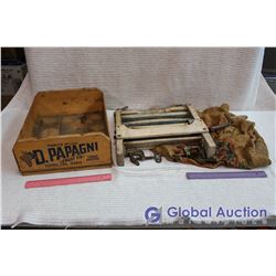 Vintage Wringer, Wooden Crate and Potato Sack.