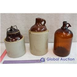 Vintage Crocks (2) and Javex Bottle (1)