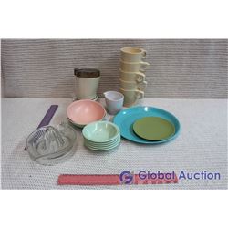 Lot of Plastic Camping Dishes w/Electric Coffee Grinder and Glass Lemon Wringer