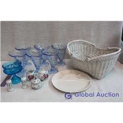Lot of Sunday Cups, Topping Dishes and Serving Platter w/Basket