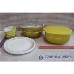 Lot of Pyrex and Corel Dishes, (4) Plates, (4) Bowls, and (2) Square Serving Dishes