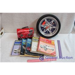 Lot of Automobile Related, Haynes Manuals, Nascar Lunch Kit, Wheel Clock