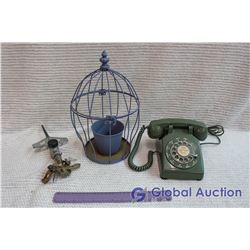 Vintage Telephone, Sprinkler, Cage Planter