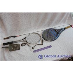 Vintage Stove Items, Tennis Rackets, Fishing Rod
