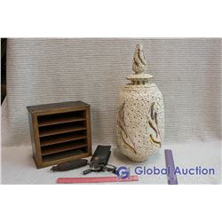 Lot of Misc Decor (Wooden Shelf, Lampshade, Hearing Glasses)