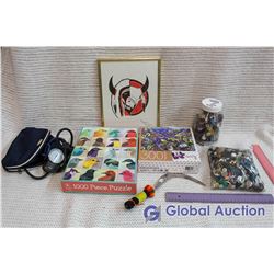 (2) Puzzles, Buttons, Blood Pressure Cuff & Misc