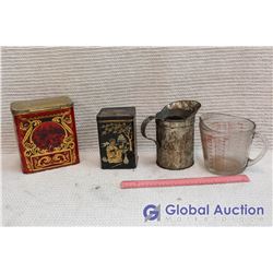 Lot of Tins (2) and Measuring Cups (2)