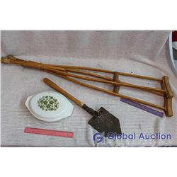Lot Of Misc. (Trench Shovel, Pyrex, Crutches)