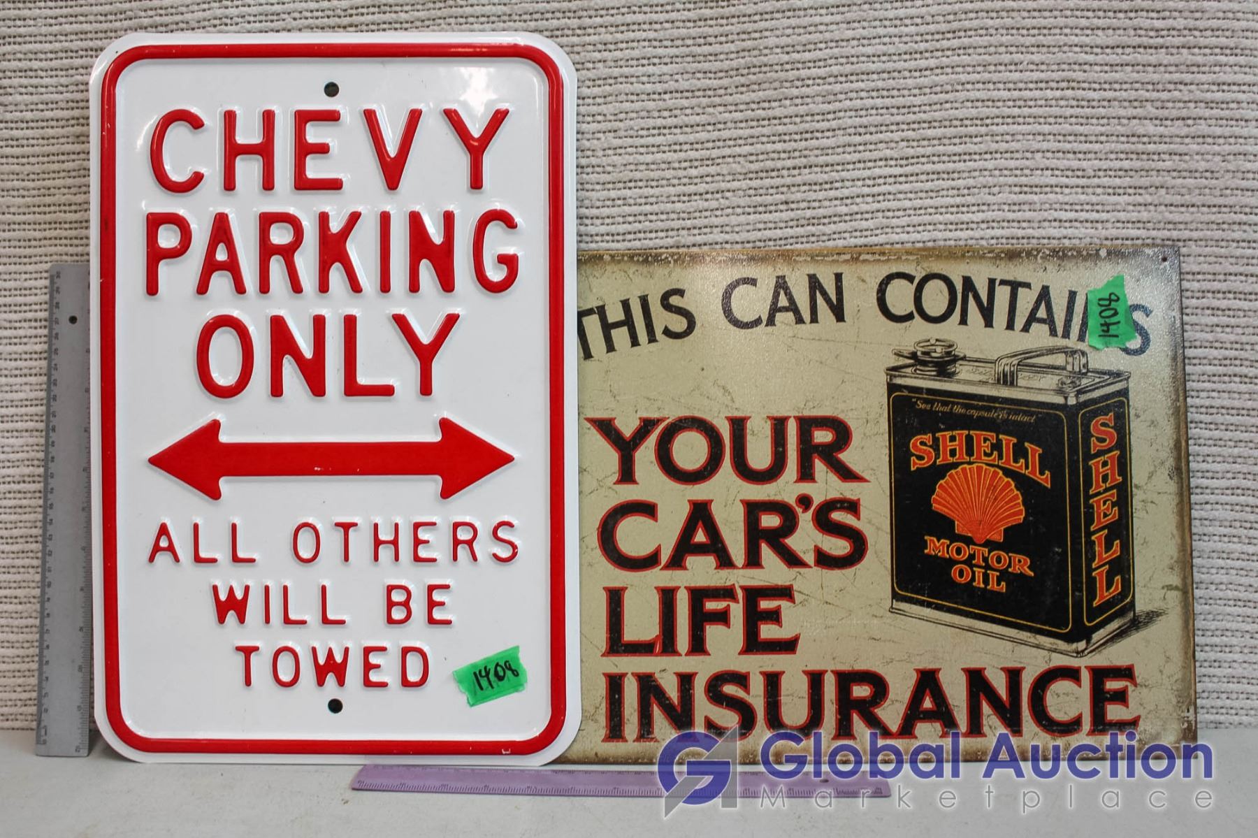 Reproduction Shell Motor Oil Tin Advertising Sign & Chevy Parking Only Sign