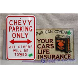 Reproduction Shell Motor Oil Tin Advertising Sign & Chevy Parking Only Sign