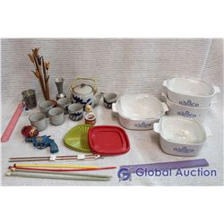 Lot Of Casserole Dishes, Tea Set And Other Kitchenware