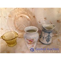 2 Pcs Depression Glass And Antique English Vases