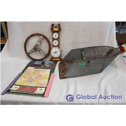 Barometer, Wooden Steering Wheel, 1971 Sask Wheat Pool Calendar and Coal Shovel