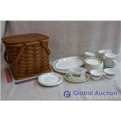 Lot of Dishware and Picnic Basket (25 ish Cups w/ Matching Saucers)