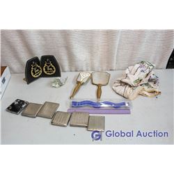 Lot of Misc Items (Book Ends, Cigarette Cases, Vintage Hand Mirror & Hair rush, etc)