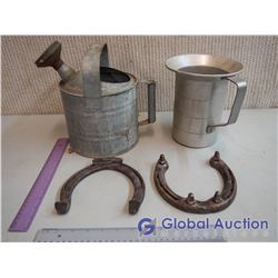 Metal Water Pail, (2) Horseshoes and Jug