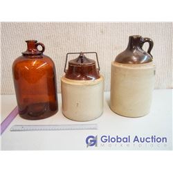 (2) Vintage Crocks and a Glass Jug