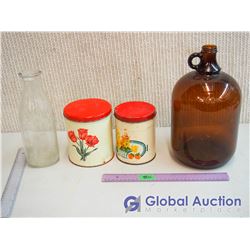 (2) Canisters, Glass Milk Bottle and Large Brown Jug