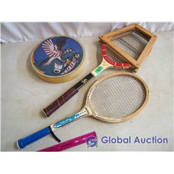 (2) Vintage Tennis Rackets, and a Drum