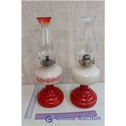 (2) Red & White Coal Oil Lamps