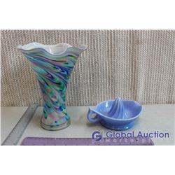 Art Glass Vase & Blue Jadite Lemon Juicer