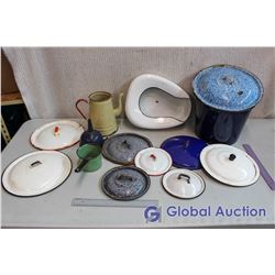 Large Lot of Enamelware, Lids, Chamber Pot