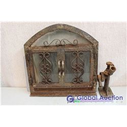 Vintage Metal/Glass Fireplace Doors in Frame with Automotive Jack