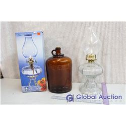 (2) Coal Oil Lamps (1 in Box) & Brown Glass Jug with Cork