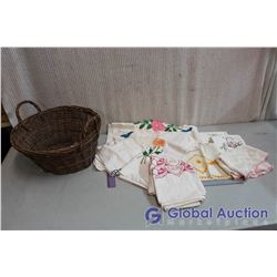 Willow Basket & Vintage Clothes & Towels