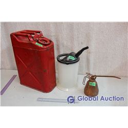 Metal Military Style Gas Can, Plastic Oil Pourer, Copper Oil Can
