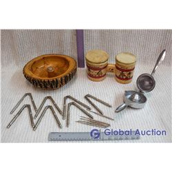 Assortment of Nut Crackers & Picks, Nut Bowl, Small Bongos, Hand Juicer