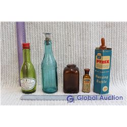 Coca Cola Bottle, Pyrex Glass Baby Bottle with Rubber Nipple & Cardboard Sleeve, Iodine Bottle