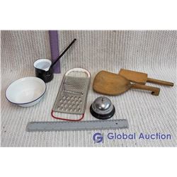 Small Enamelware Bowl, Enamelware Dipper, Desk Bell, Wooden Butter Paddles, Cheese Grater