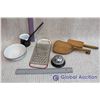 Image 1 : Small Enamelware Bowl, Enamelware Dipper, Desk Bell, Wooden Butter Paddles, Cheese Grater