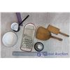 Image 2 : Small Enamelware Bowl, Enamelware Dipper, Desk Bell, Wooden Butter Paddles, Cheese Grater
