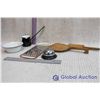 Image 3 : Small Enamelware Bowl, Enamelware Dipper, Desk Bell, Wooden Butter Paddles, Cheese Grater